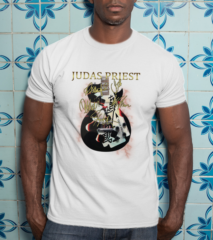 Judas Priest High Steel Guitar Signed By Band Members T-Shirt