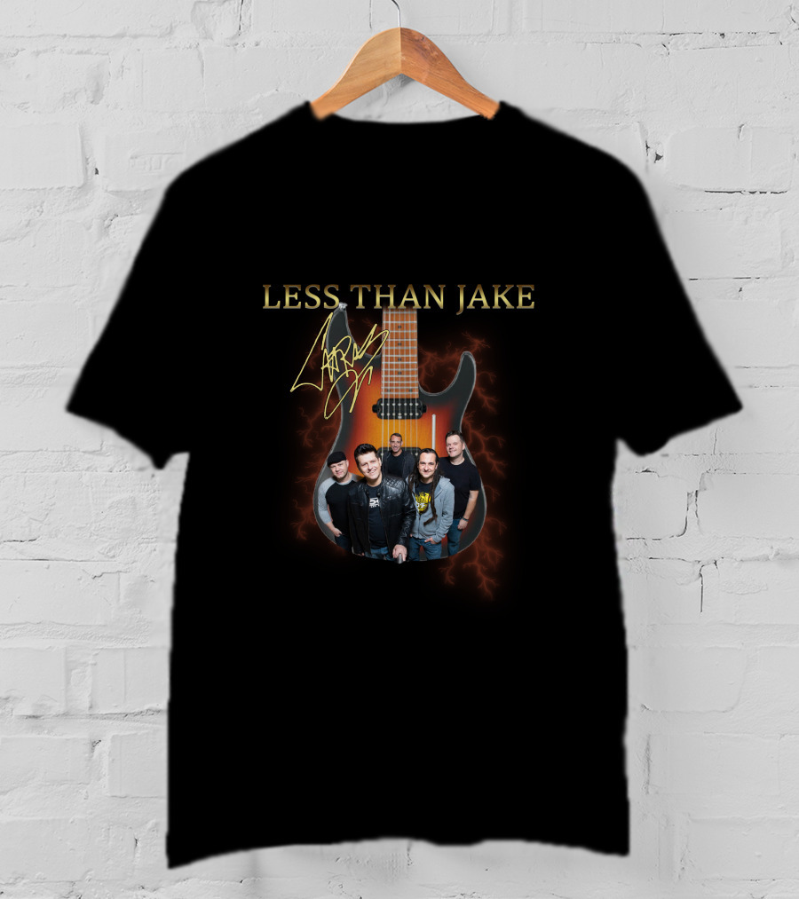 Less Than Jake Signed Guitar And Band Image With Electric Lightning Background T-Shirt