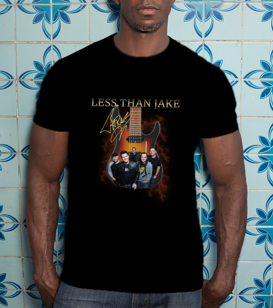Less Than Jake Signed Guitar And Band Image With Electric Lightning Background T-Shirt