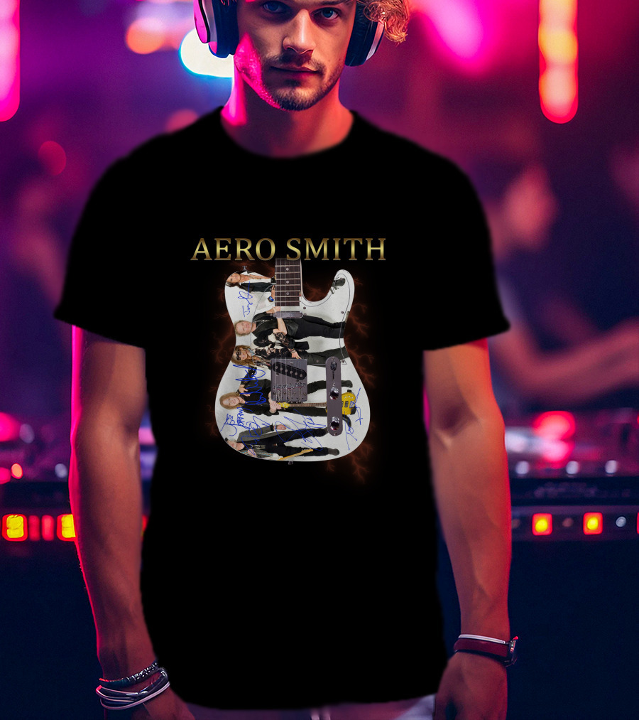 Aero Smith Band Members Signature Electric Guitar T-Shirt