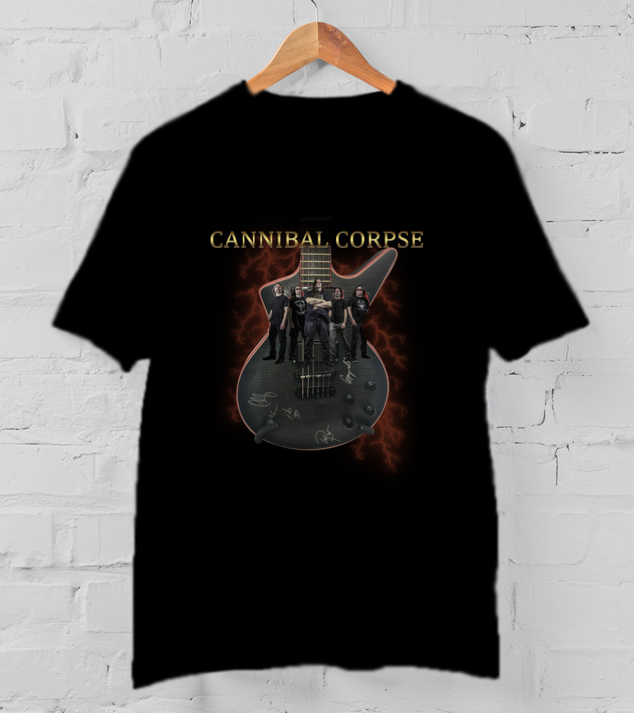 Cannibal Corpse Band Members On Electric Guitar With Red Lightning T-Shirt