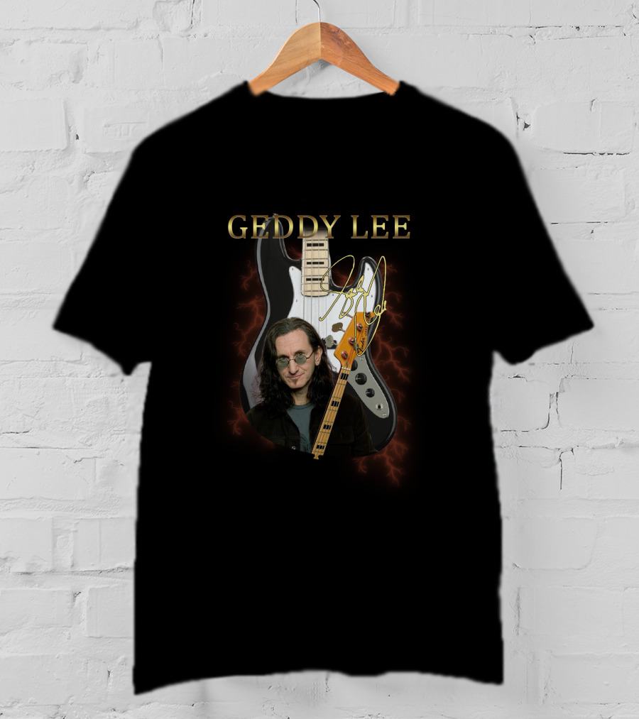 GEDDY LEE Signature Guitar Image With Electric Bass Lightning Effect T-Shirt