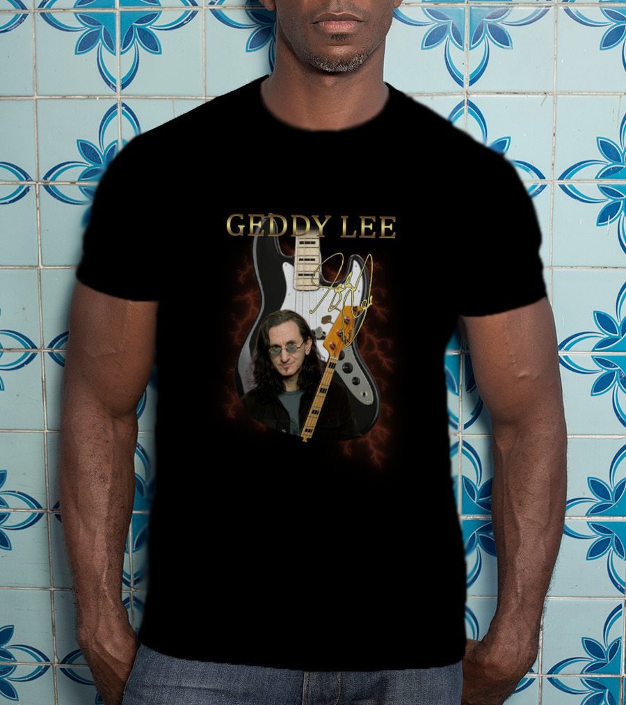 GEDDY LEE Signature Guitar Image With Electric Bass Lightning Effect T-Shirt