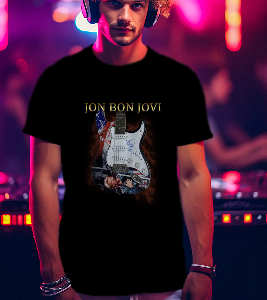 JON BON JOVI Signature Electric Guitar With American Flag And Live Performance T-Shirt
