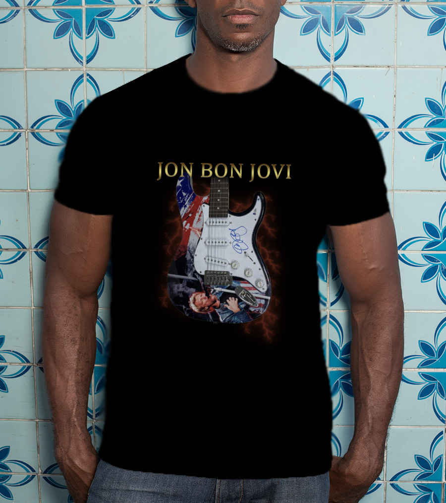 JON BON JOVI Signature Electric Guitar With American Flag And Live Performance T-Shirt