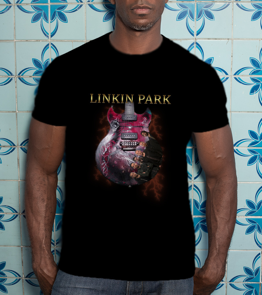 Linkin Park Signed Guitar With Band Members T-Shirt