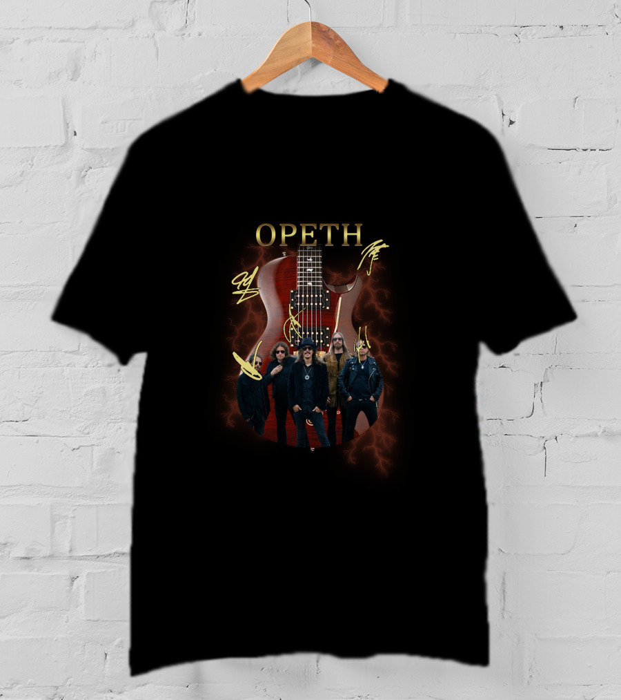 Opeth Signed Guitar With Band Members And Lightning Background T-Shirt