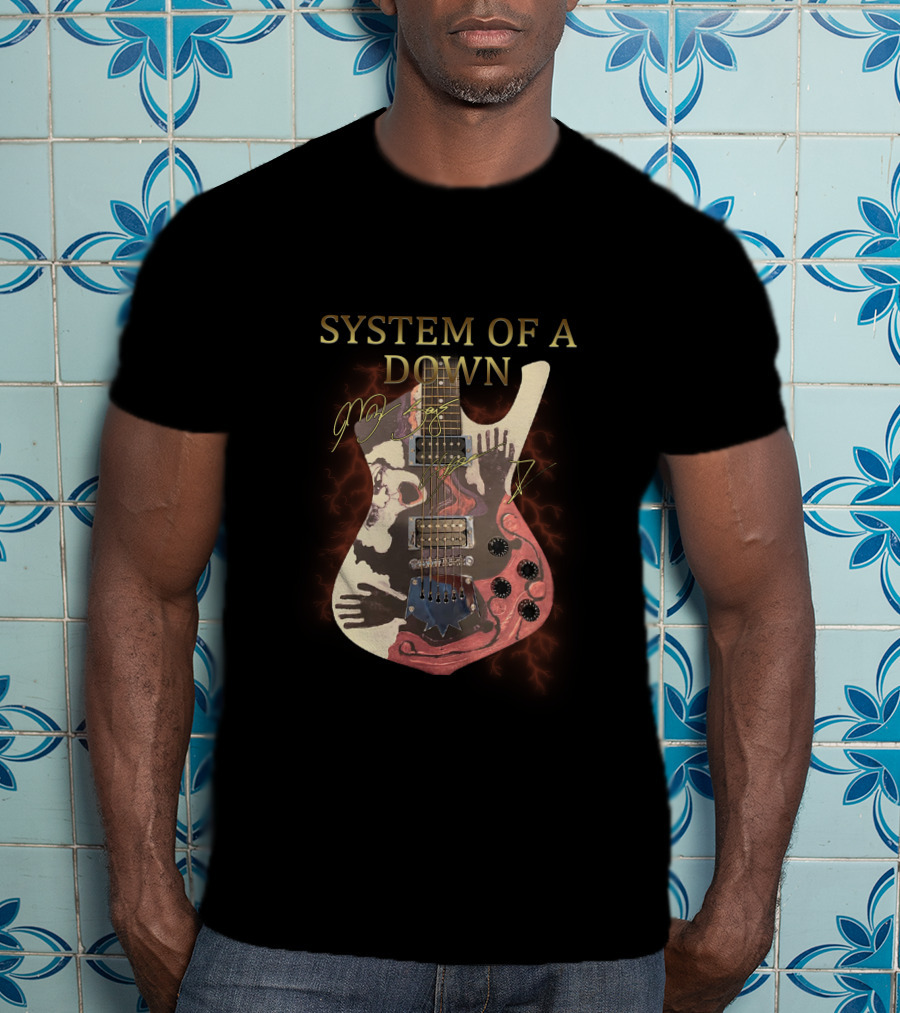 System Of A Down Signature Guitar With Hands And Lightning T-Shirt