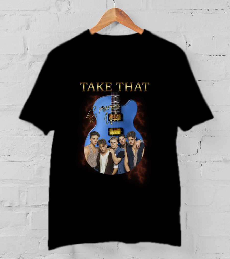 Take That Group Photo With Blue Guitar And Signatures T-Shirt