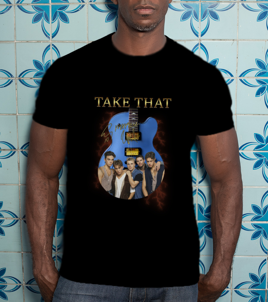 Take That Group Photo With Blue Guitar And Signatures T-Shirt