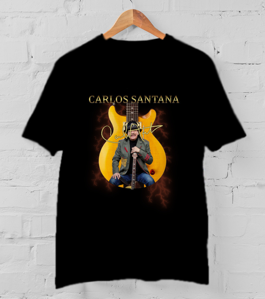 Carlos Santana Signature With Yellow Electric Guitar And Lightning Background T-Shirt
