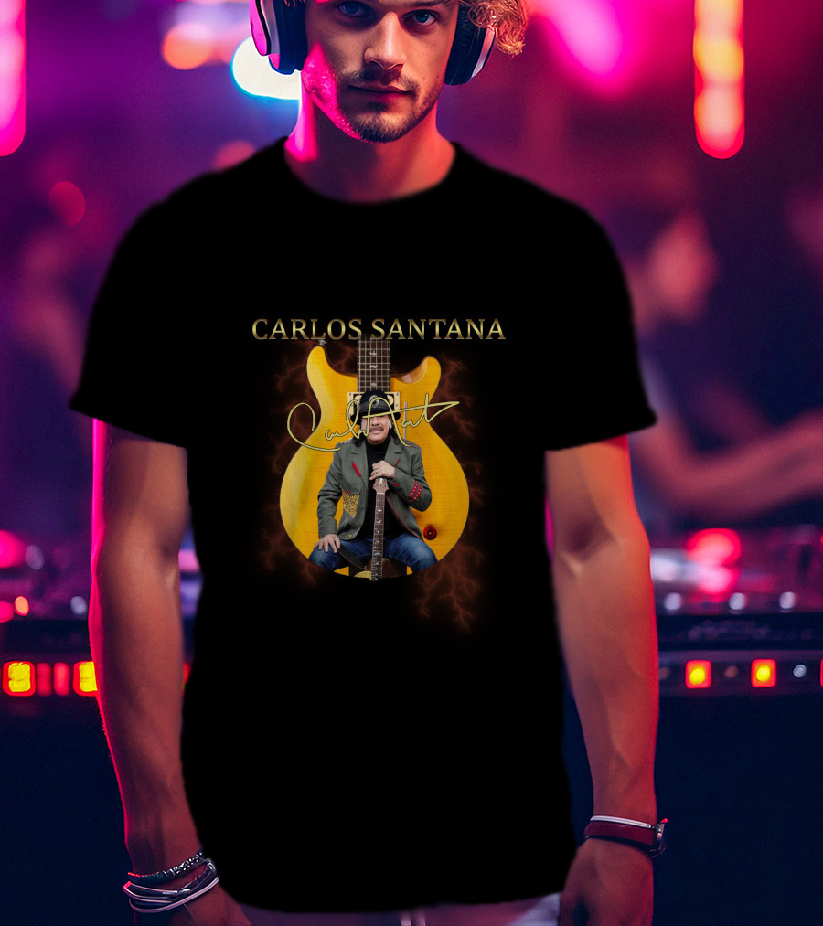 Carlos Santana Signature With Yellow Electric Guitar And Lightning Background T-Shirt