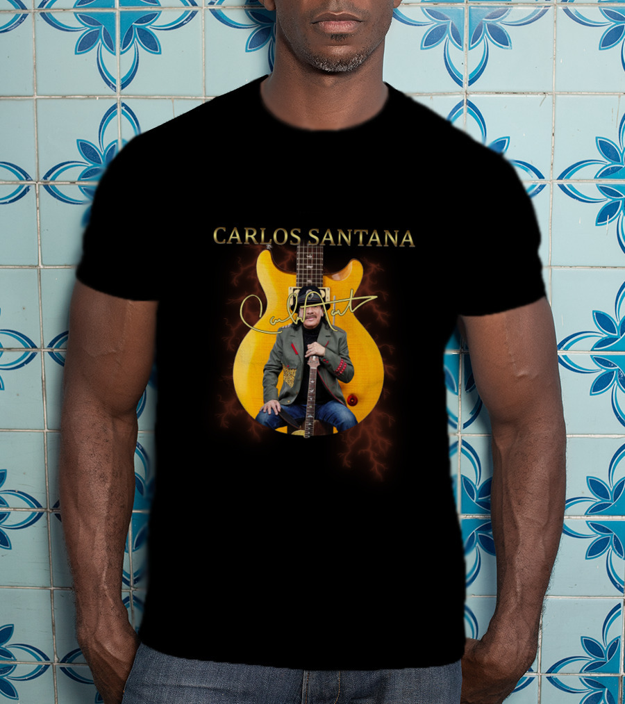 Carlos Santana Signature With Yellow Electric Guitar And Lightning Background T-Shirt