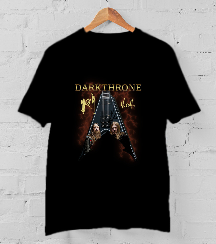 Darkthrone Signature Guitar With Band Members And Lightning Background T-Shirt