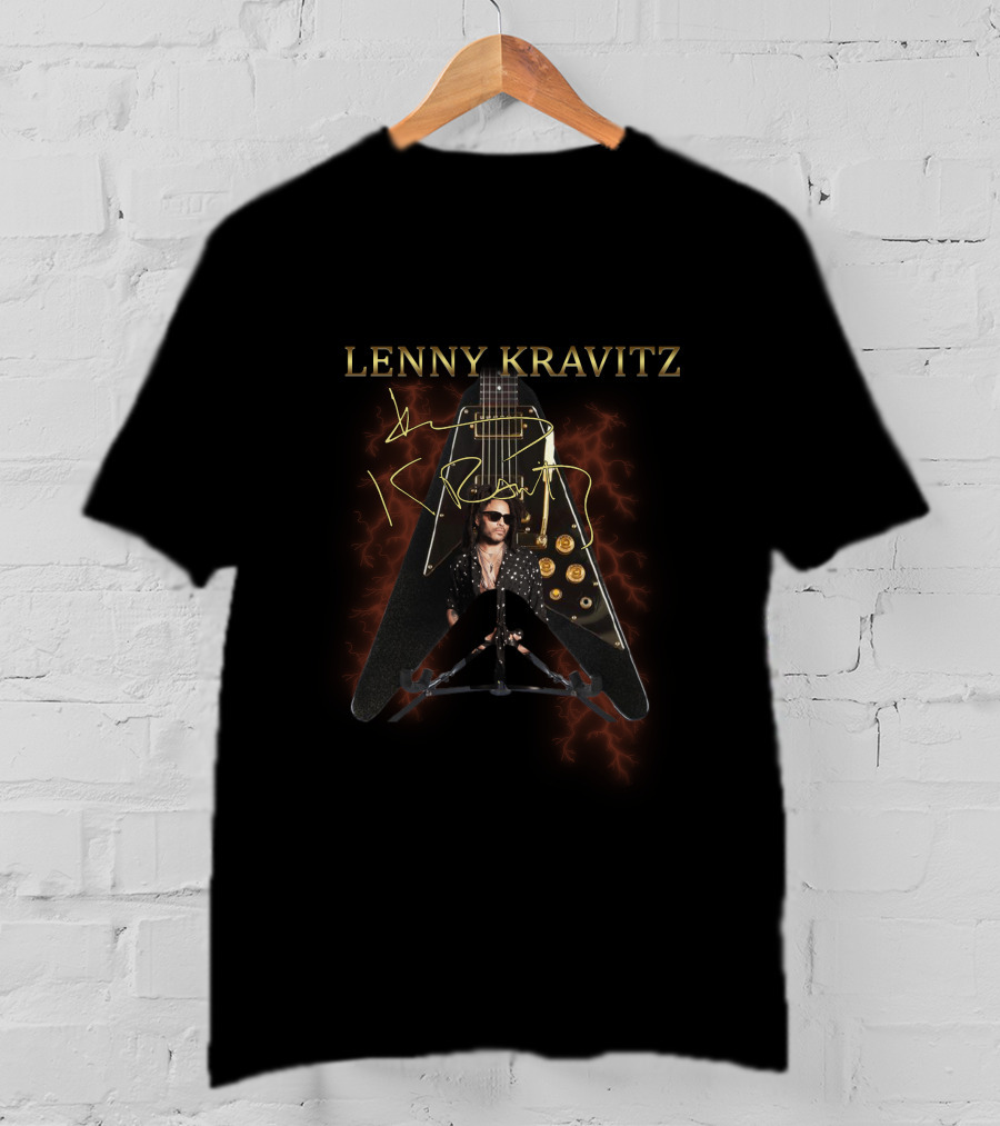 Lenny Kravitz Signature Guitar With Image And Signature In Electric Visual T-Shirt