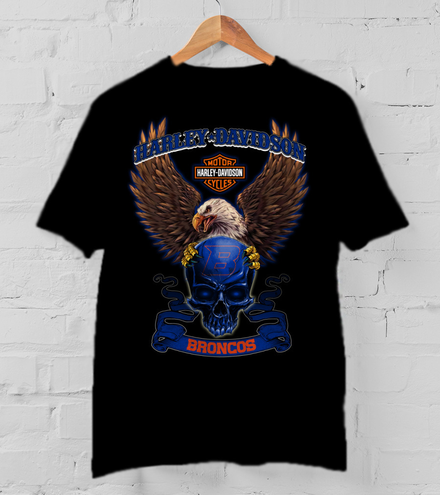 Harley Davidson Motor Cycles Eagle Skull Boise State Broncos T-Shirt