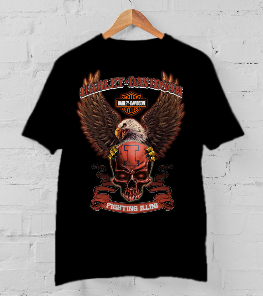 Harley Davidson Motor Cycles Eagle Skull Fighting Illini T-Shirt