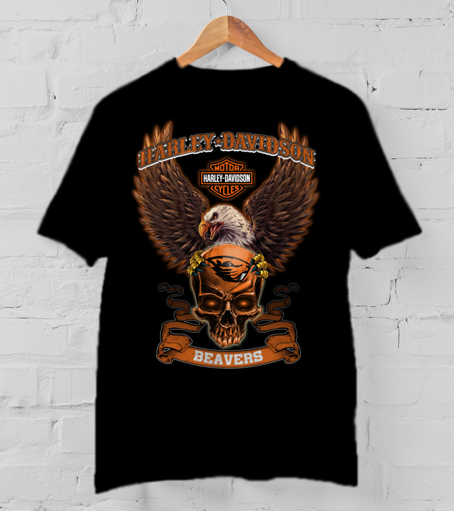 Harley Davidson Eagle Oregon State Beavers Skull T-Shirt