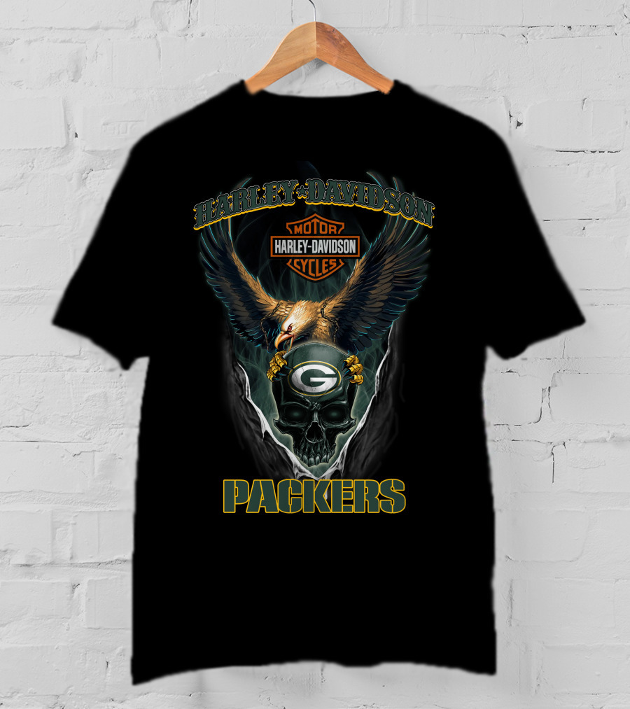 Harley Davidson Motor Cycles Packers Eagle Skulls Green Bay T-Shirt