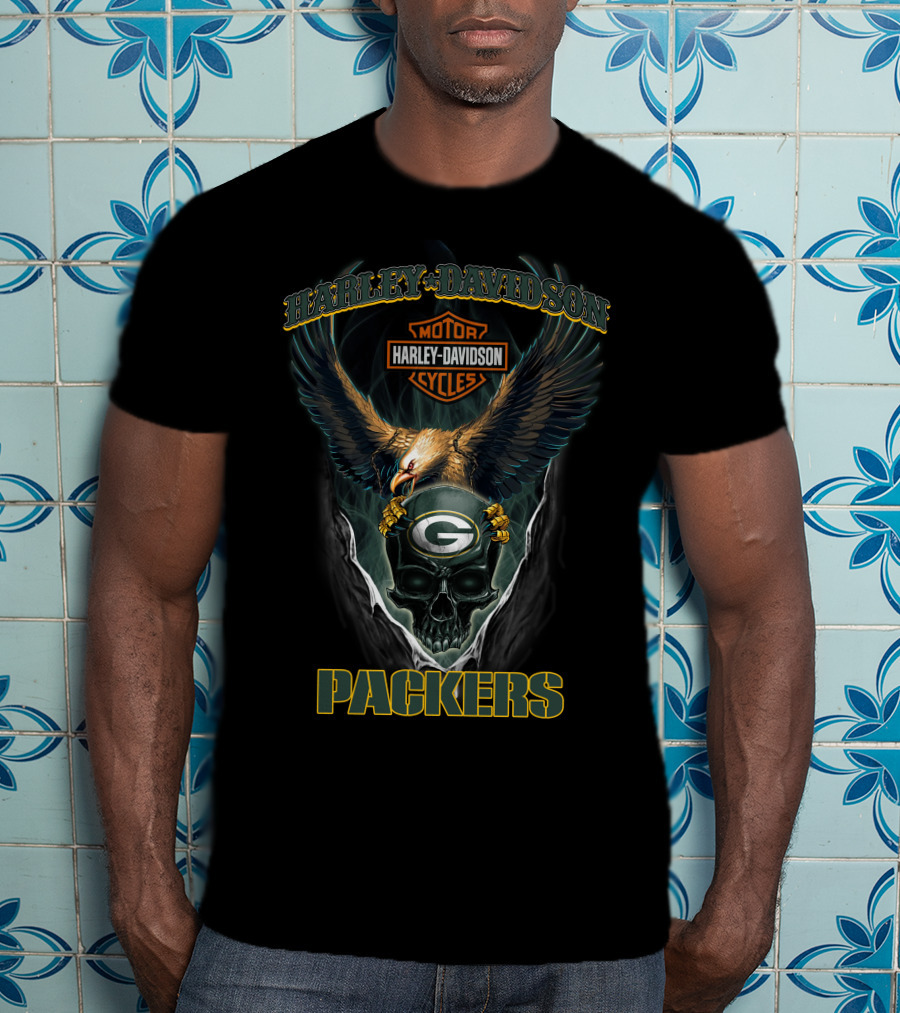 Harley Davidson Motor Cycles Packers Eagle Skulls Green Bay T-Shirt
