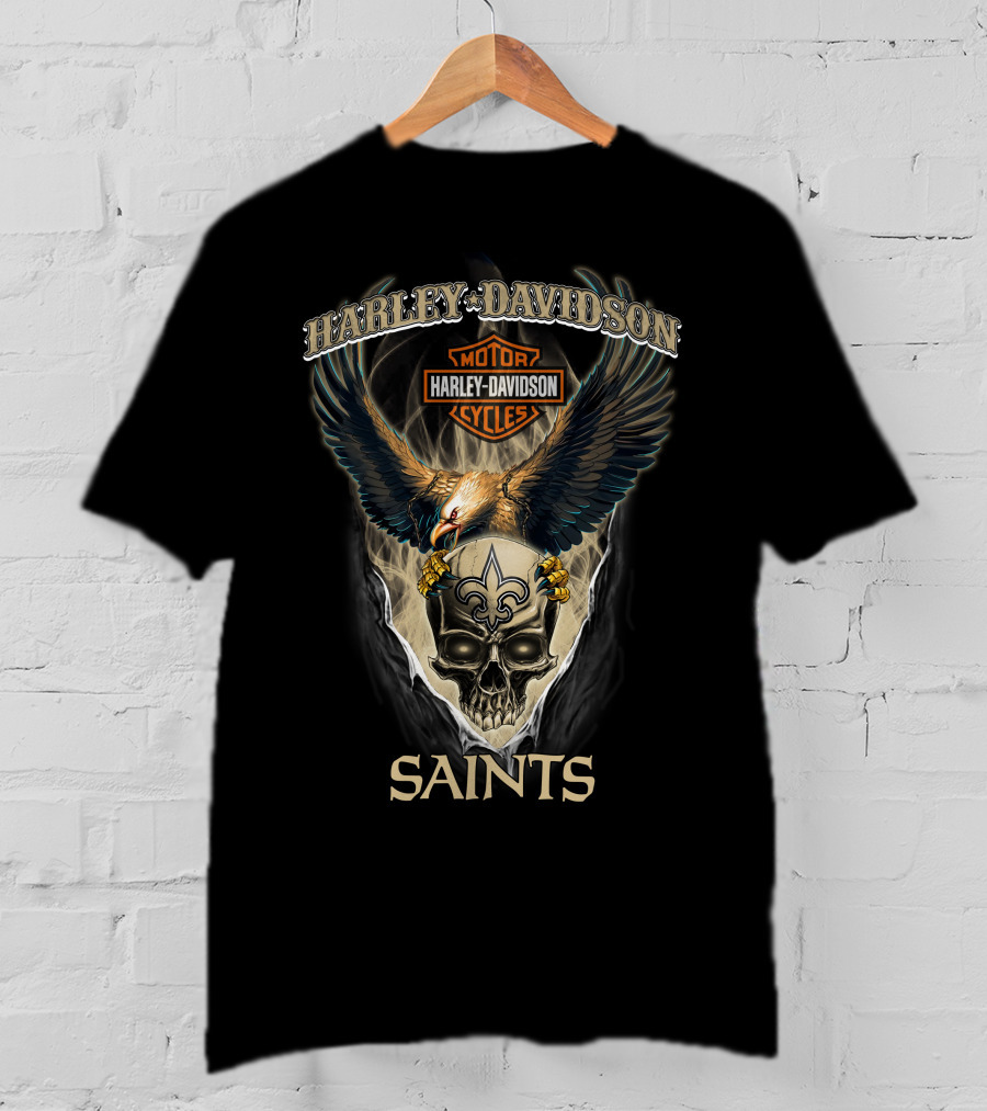 Harley Davidson Motor Cycles Eagle Skull New Orleans Saints T-Shirt