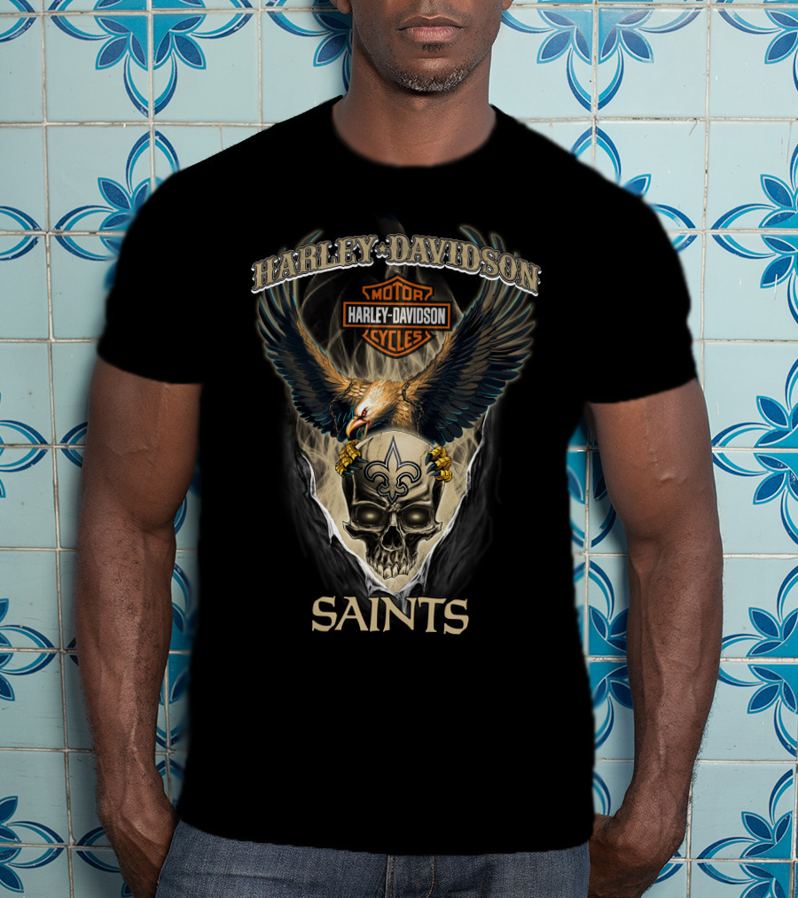Harley Davidson Motor Cycles Eagle Skull New Orleans Saints T-Shirt