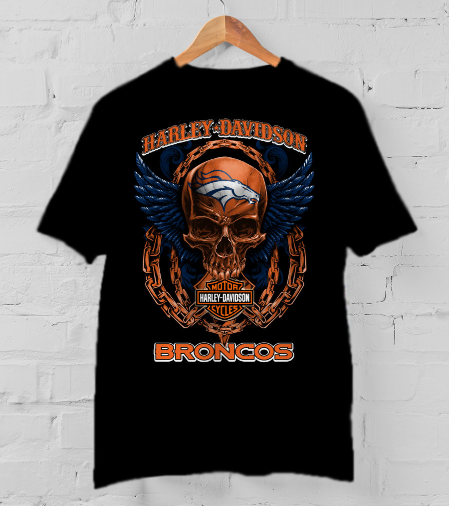 Harley Davidson Denver Broncos Skull Wings Chain T-Shirt