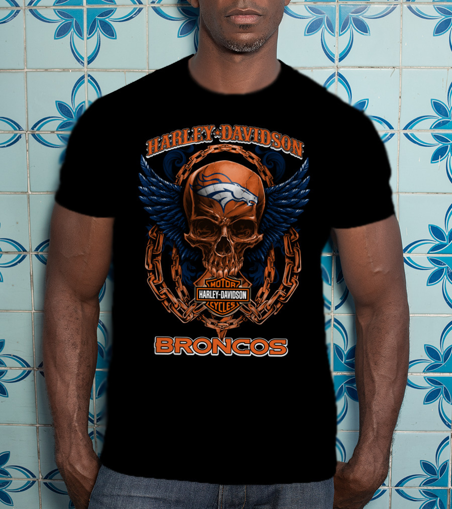Harley Davidson Denver Broncos Skull Wings Chain T-Shirt