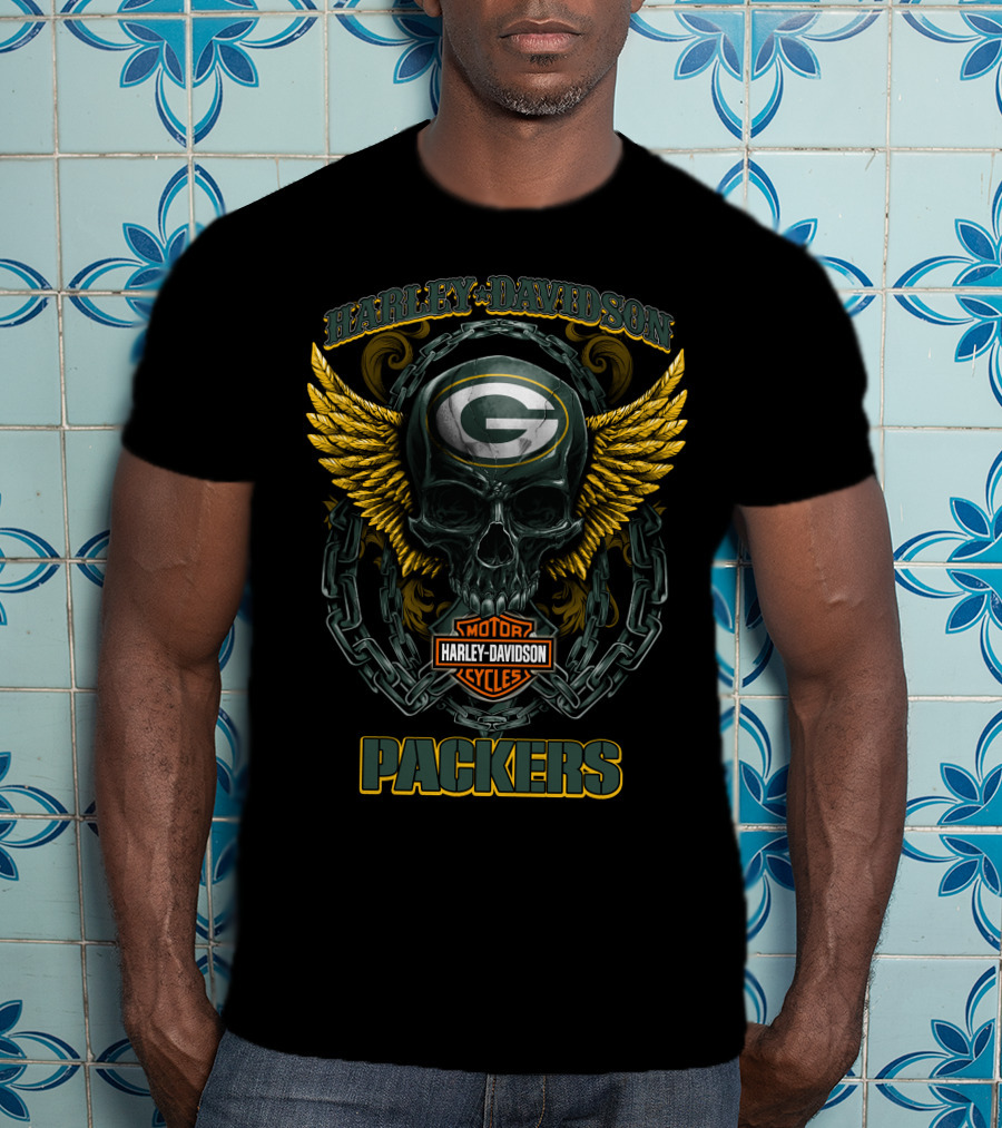 Harley Davidson Motorcycles Green Bay Packers Skull And Wings T-Shirt