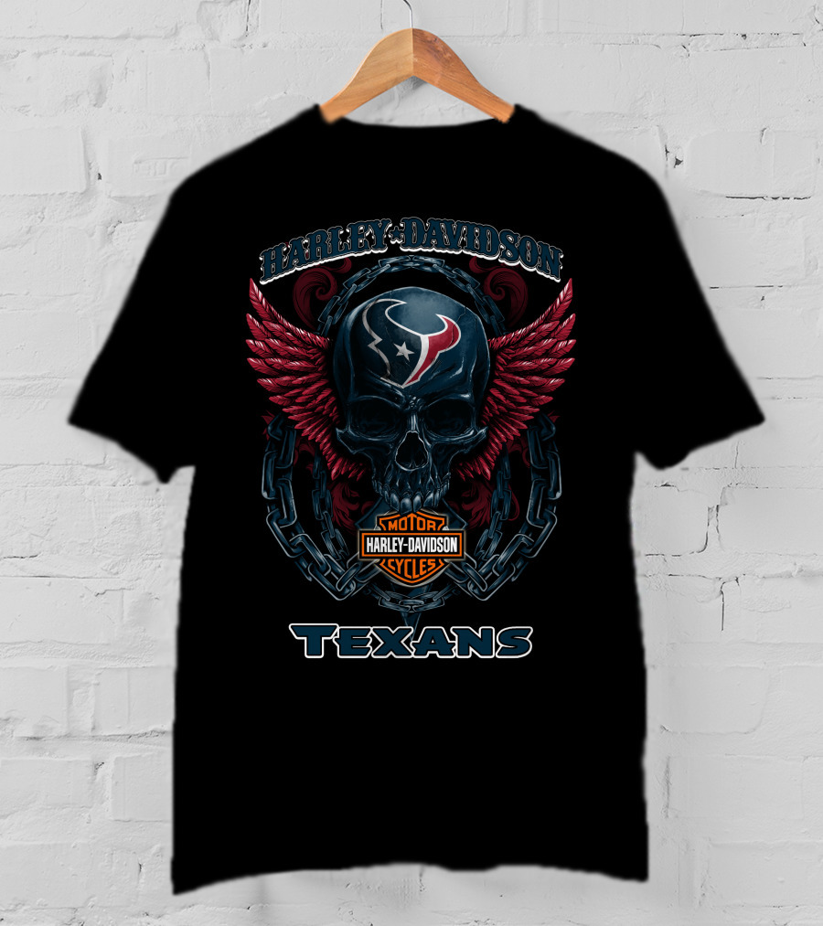 Harley Davidson Motor Cycles Texans Houston Logo Skull With Red Wings T-Shirt
