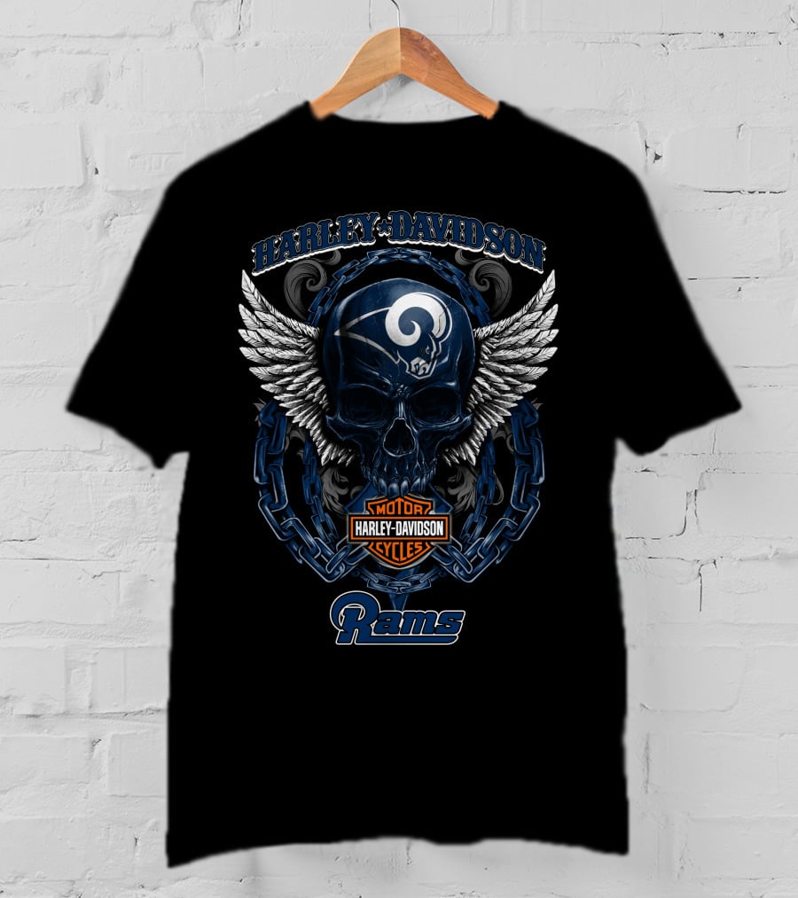 Harley Davidson Los Angeles Rams Skull Wings Motorcycles T-Shirt