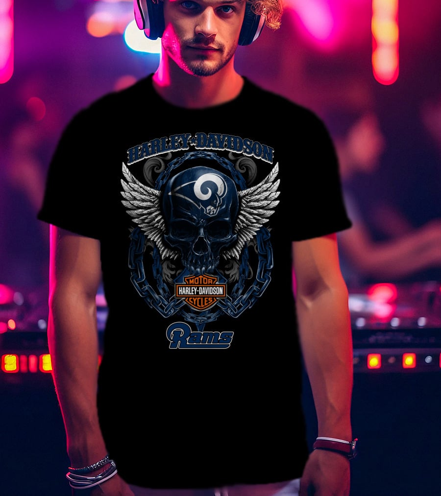 Harley Davidson Los Angeles Rams Skull Wings Motorcycles T-Shirt