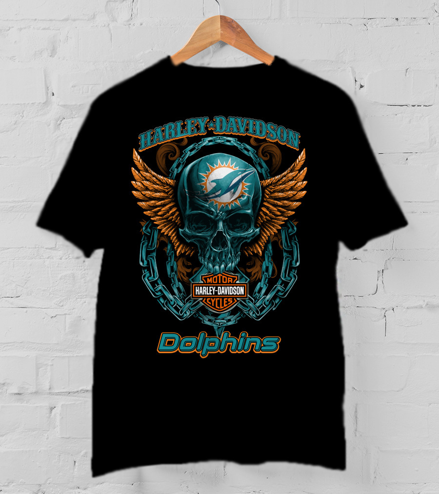 Harley Davidson Miami Dolphins Motor Cycles Skull And Chain T-Shirt