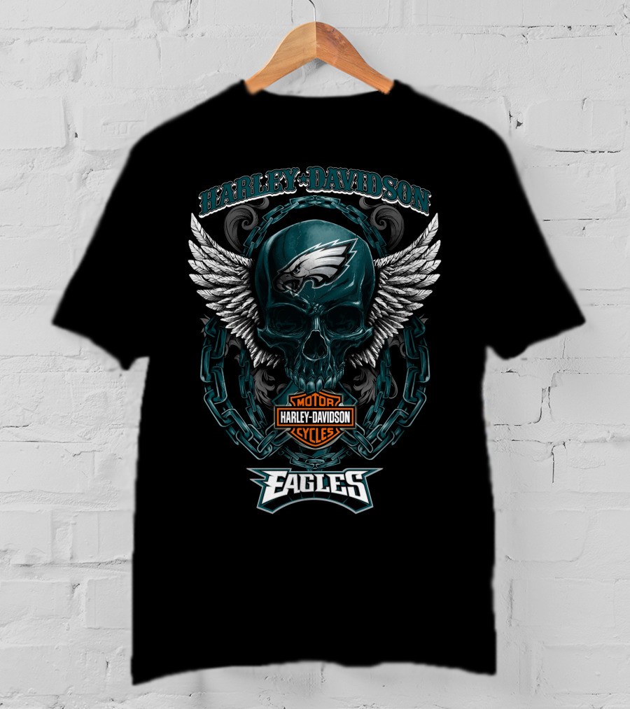 Harley Davidson Philadelphia Eagles Motorcycles Winged Skull T-Shirt