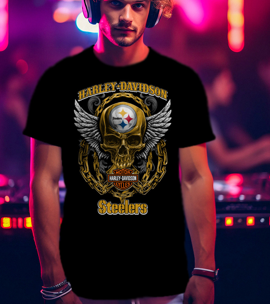 Harley Davidson Motor Cycles Steelers Skull Winged Chain T-Shirt