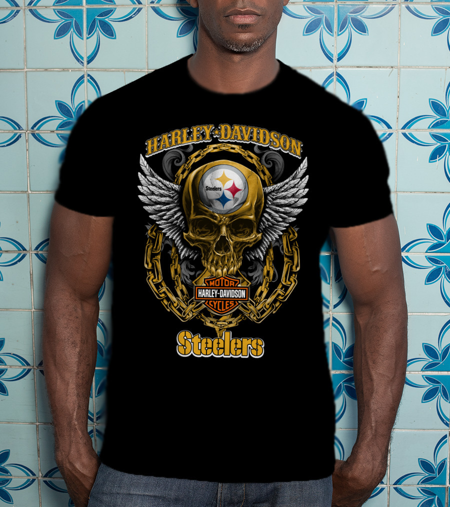 Harley Davidson Motor Cycles Steelers Skull Winged Chain T-Shirt