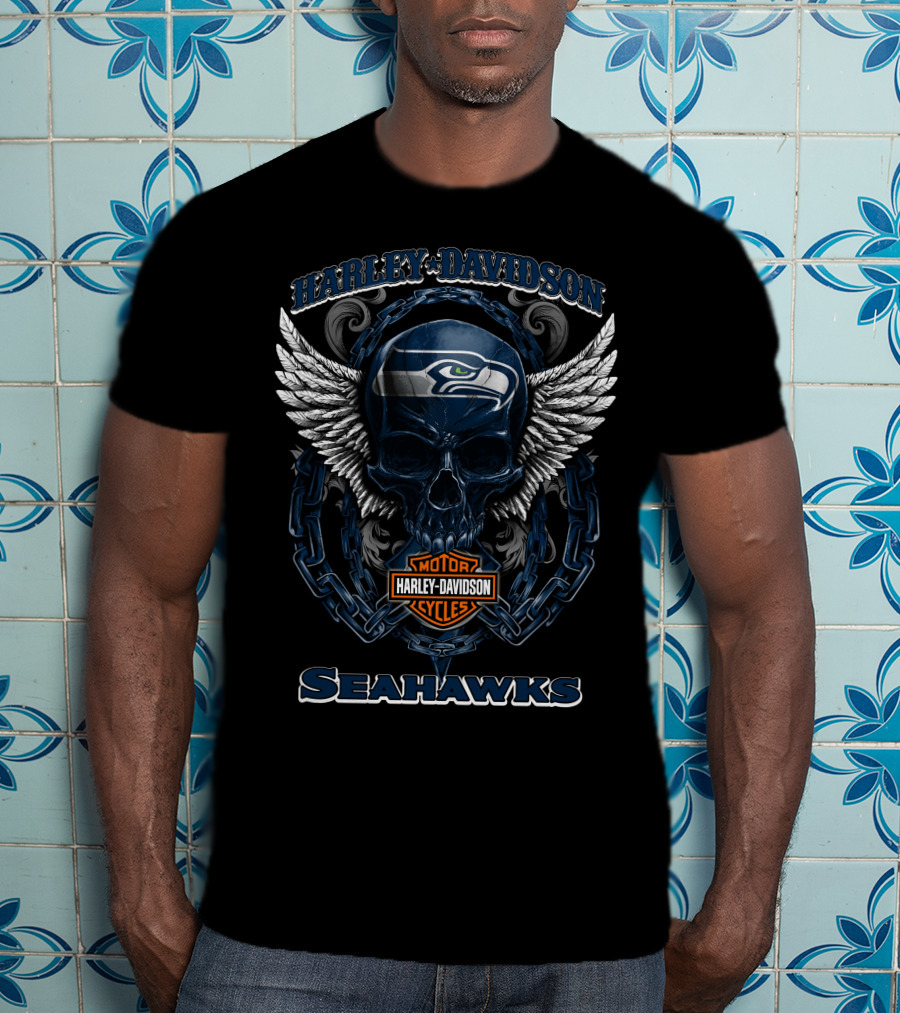 Harley Davidson Motorcycles Seattle Seahawks Skull Wings T-Shirt