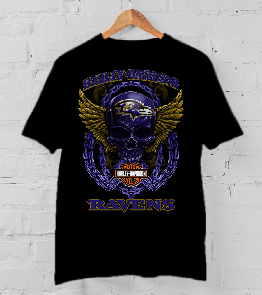 Harley Davidson Baltimore Ravens Skull Wing Motor Cycles T-Shirt