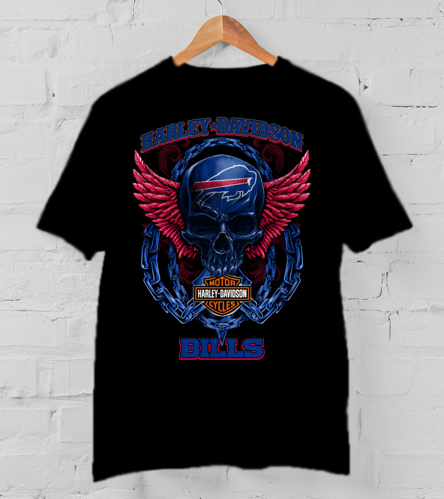 Harley Davidson Buffalo Bills Motor Cycles Skull Wings T-Shirt
