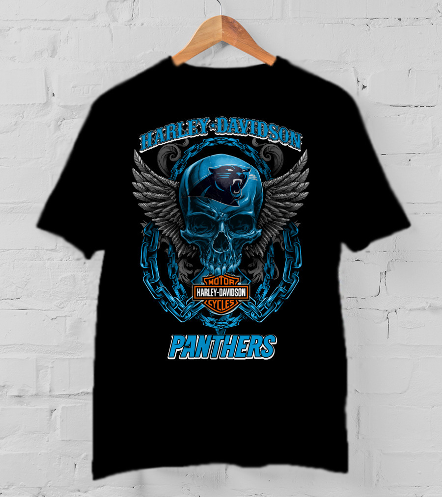 Harley Davidson Carolina Panthers Motorcycles Skull And Wings T-Shirt