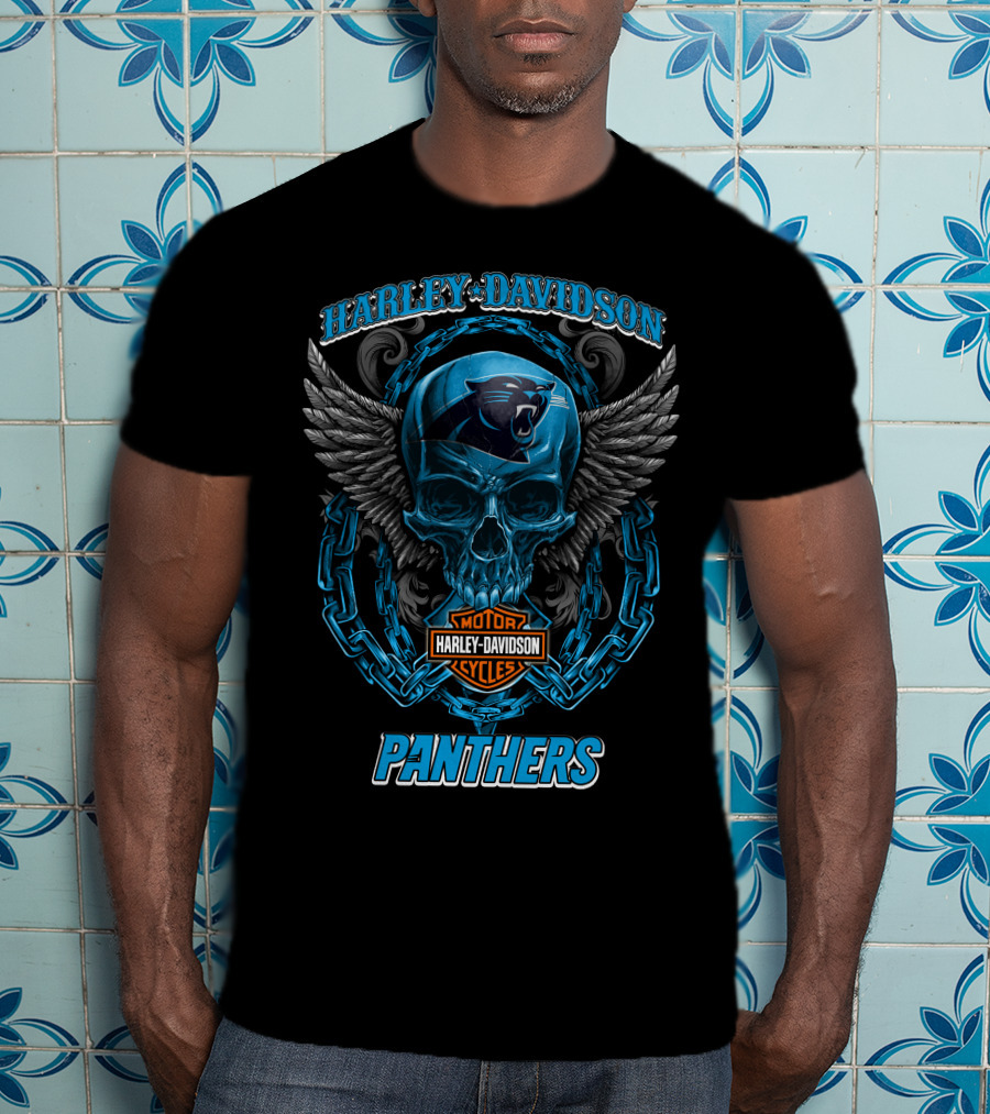 Harley Davidson Carolina Panthers Motorcycles Skull And Wings T-Shirt