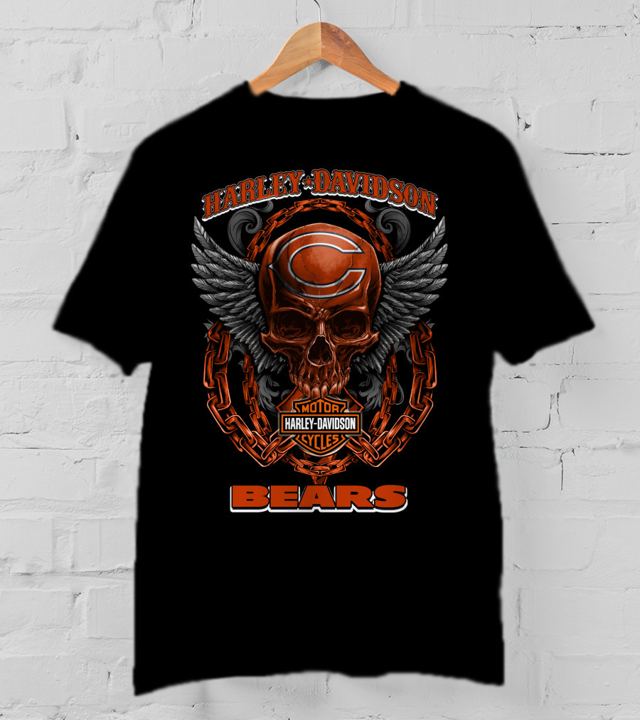 Harley Davidson Chicago Bears Skull With Chains And Wings T-Shirt