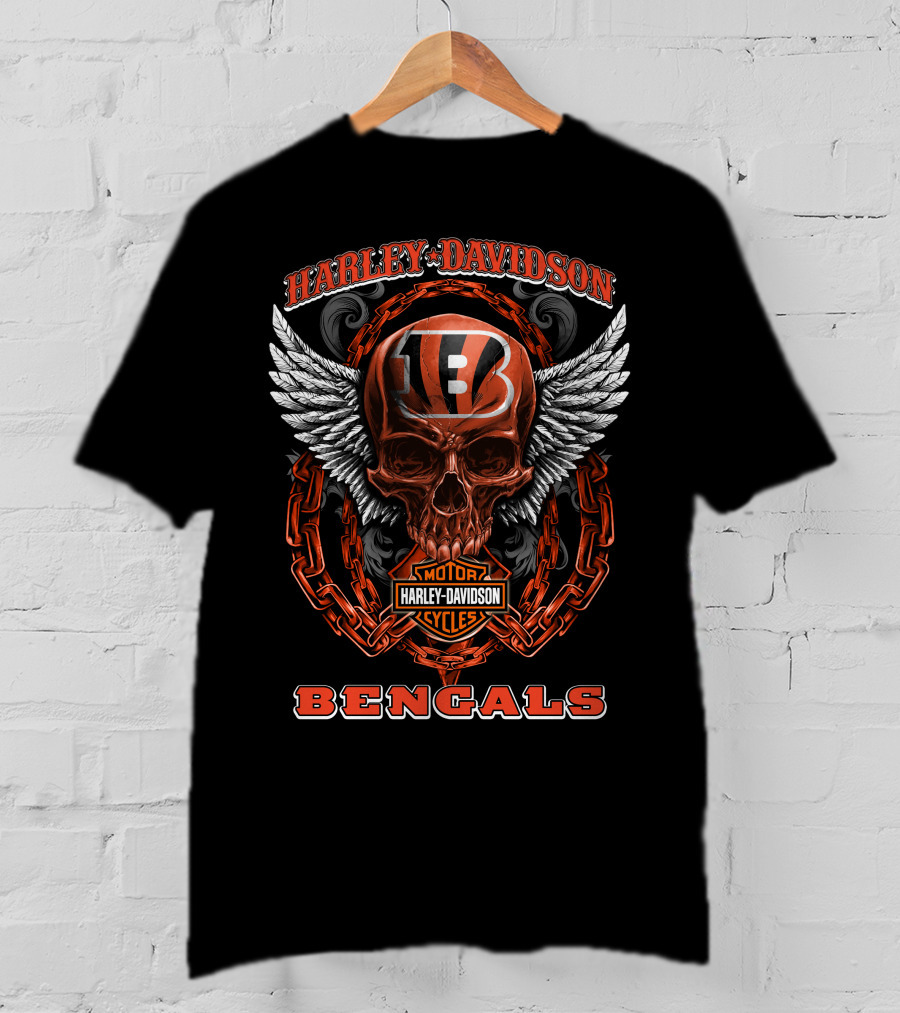 Harley Davidson Cincinnati Bengals Motorcycles Winged Skull Chain T-Shirt