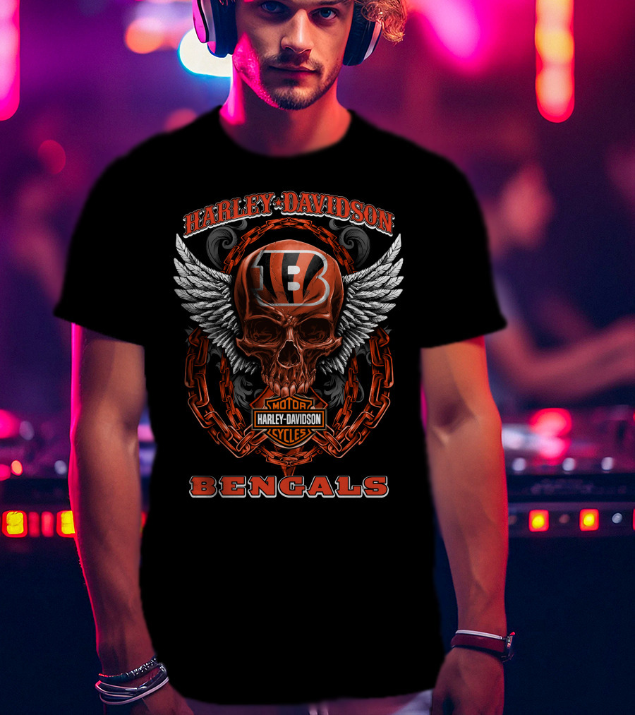Harley Davidson Cincinnati Bengals Motorcycles Winged Skull Chain T-Shirt