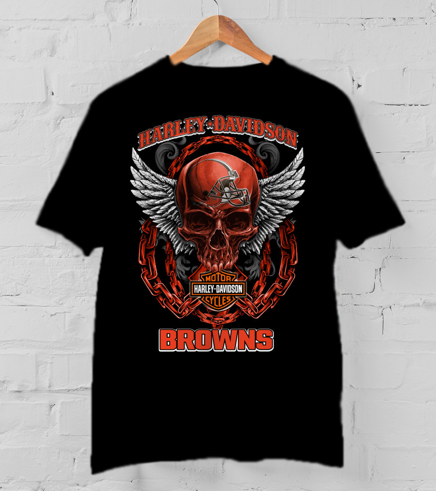 Harley Davidson Motorcycles Cleveland Browns Winged Skull T-Shirt