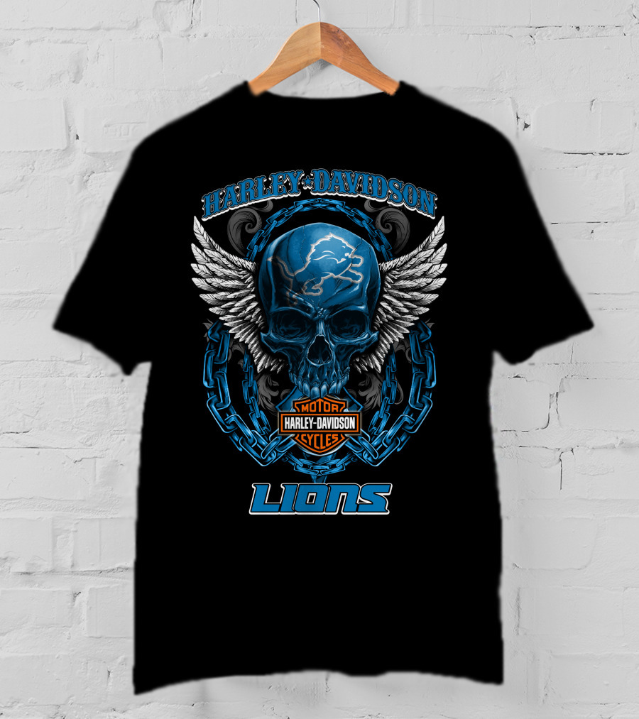 Harley Davidson Motor Cycles Detroit Lions Skull And Wings T-Shirt