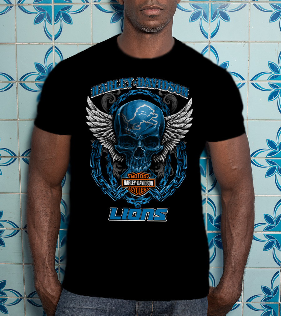 Harley Davidson Motor Cycles Detroit Lions Skull And Wings T-Shirt