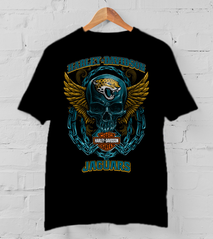 Harley Davidson Motor Cycles Jacksonville Jaguars Skull Logo Wings T-Shirt