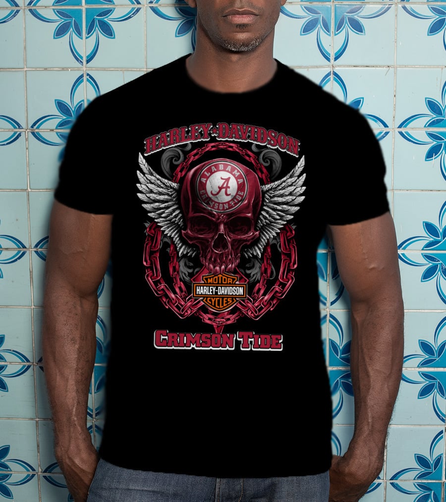 Harley Davidson Alabama Crimson Tide Skull Wings Chains T-Shirt