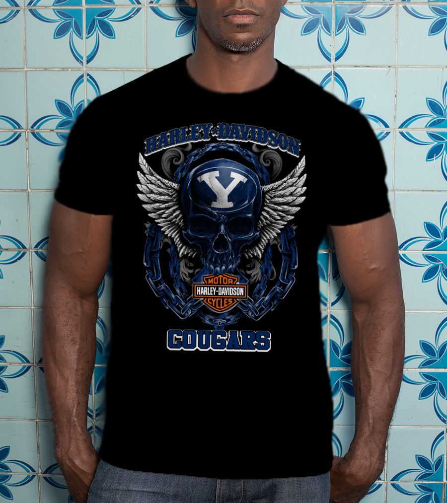 Harley Davidson Byu Cougars Skull Wings Motor Cycles T-Shirt